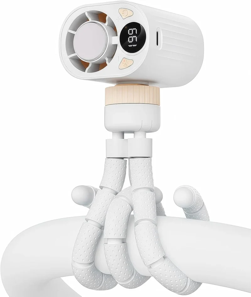 Ventilateur Poussette Portable avec Fonction Refroidissement, Ventilateur Trépied Flexible à 199 Vitesses pour Lit Bébé & Siège Auto, Mini Ventilateur pour Bureau, Camping, Voyage (Blanc)