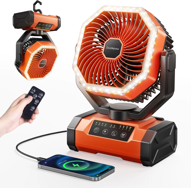 Doublepow 20000mAh Ventilateur Camping avec Lumière LED, Ventilateur Table Rechargeable Oscillant Auto avec Télécommande Crochet, 4 Vitesses et Timers, pour Extérieur, Voyage, Énergie D'urgence