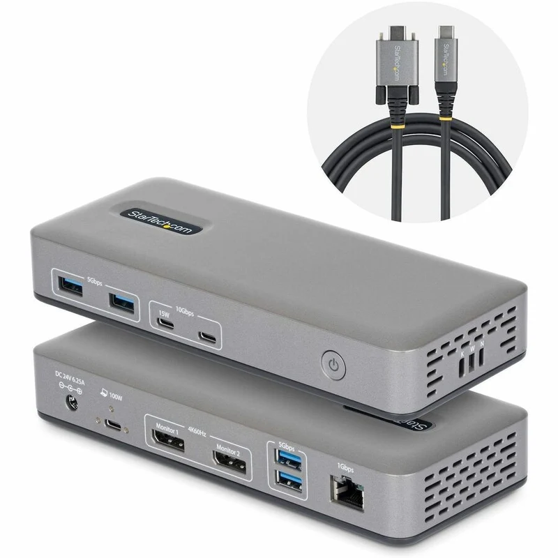 Station d'accueil double écran StarTech USB-C, DisplayPort, 4K 60 Hz, charge rapide pour ordinateur portable 100 W, 1 GbE, sans pilote, station d'accueil multi-écrans 201N-USBC-DOCK