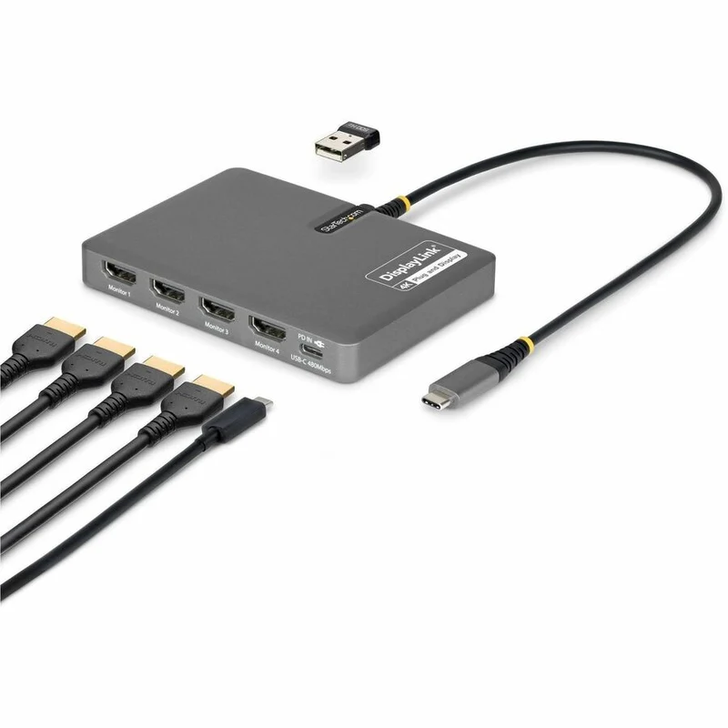 Adaptateur StarTech.com USB-C vers station de travail à quatre écrans, HDMI 4K 60 Hz, alimentation PD 140 W pour la charge d'ordinateurs portables, 1 port USB 2.0, TAA QUAD-USB-HDMI-ADAPT