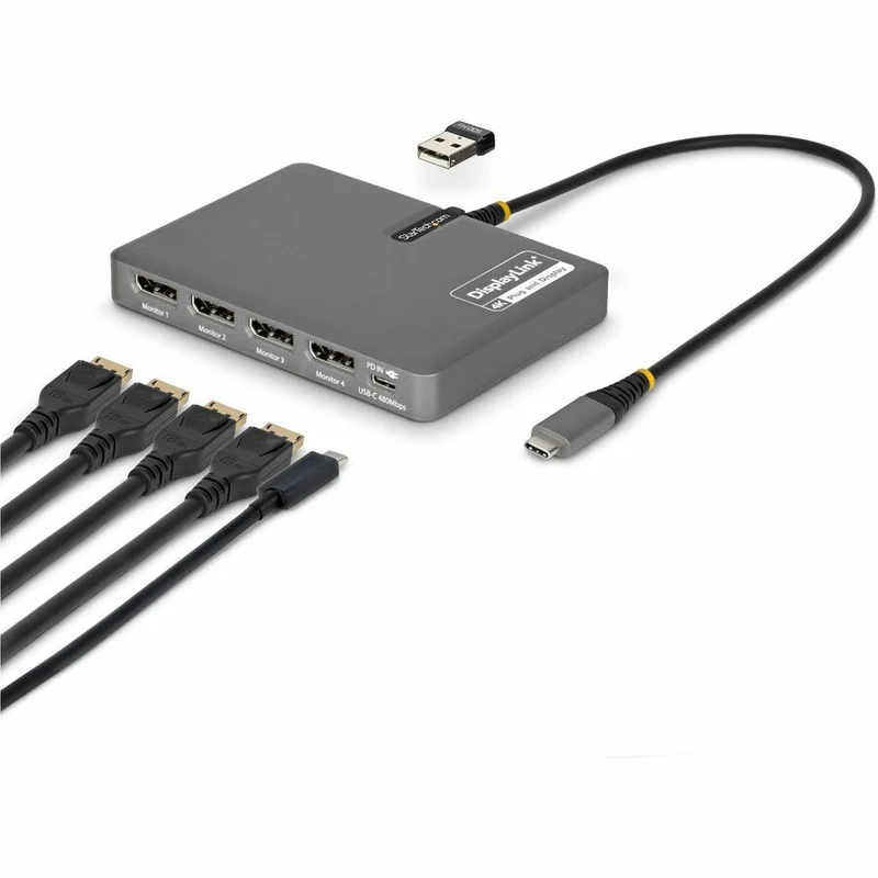 Adaptateur StarTech.com USB-C vers station de travail à quatre écrans, DisplayPort 4K 60 Hz, alimentation PD 140 W pour la charge d'ordinateurs portables, 1 port USB 2.0, TAA QUAD-USB-DP-ADAPT