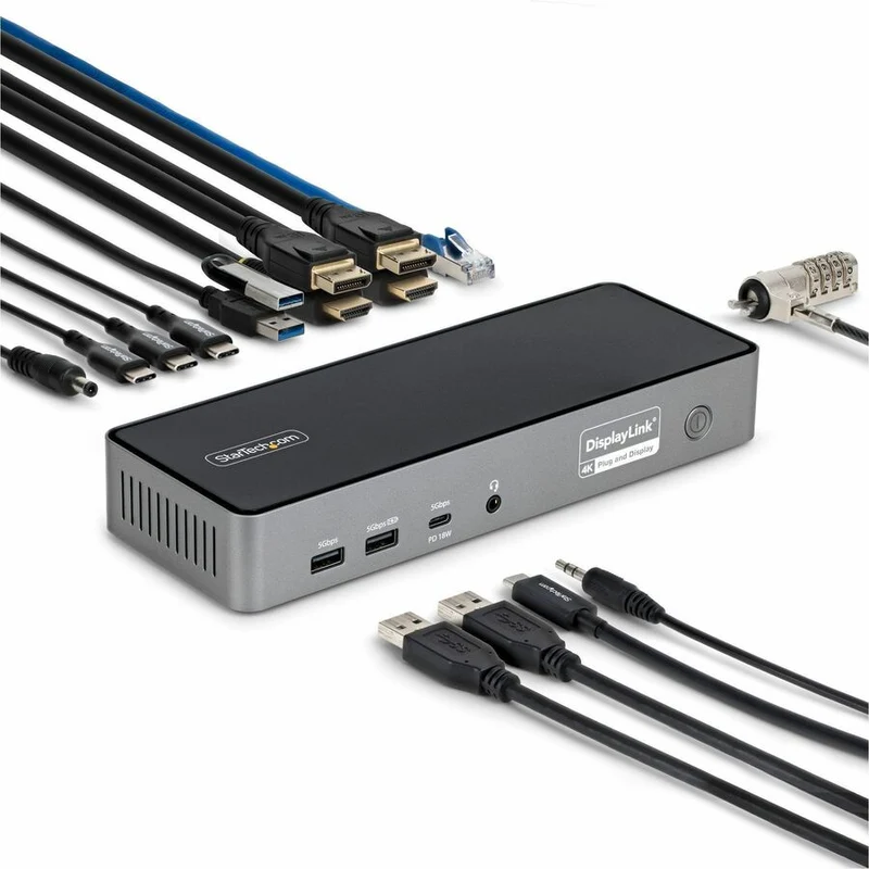 Station d'accueil USB-C triple écran StarTech.com, station de charge pour ordinateurs portables 140 W (compatible MacBook Pro et Windows), 4K 60 Hz, TAA DK30C2DPEPRN
