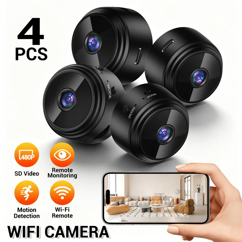 Pack 4 Cameras Securite WiFi Sans Fil 480P - Batterie Lithium Rechargeable Surveillance Distance via Application