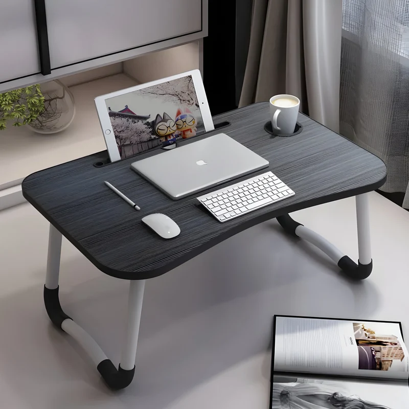 Support Bureau Pliable pour Ordinateur Portable - Réglable, Plateau Souris, Pieds Antidérapants, Plaque Bois