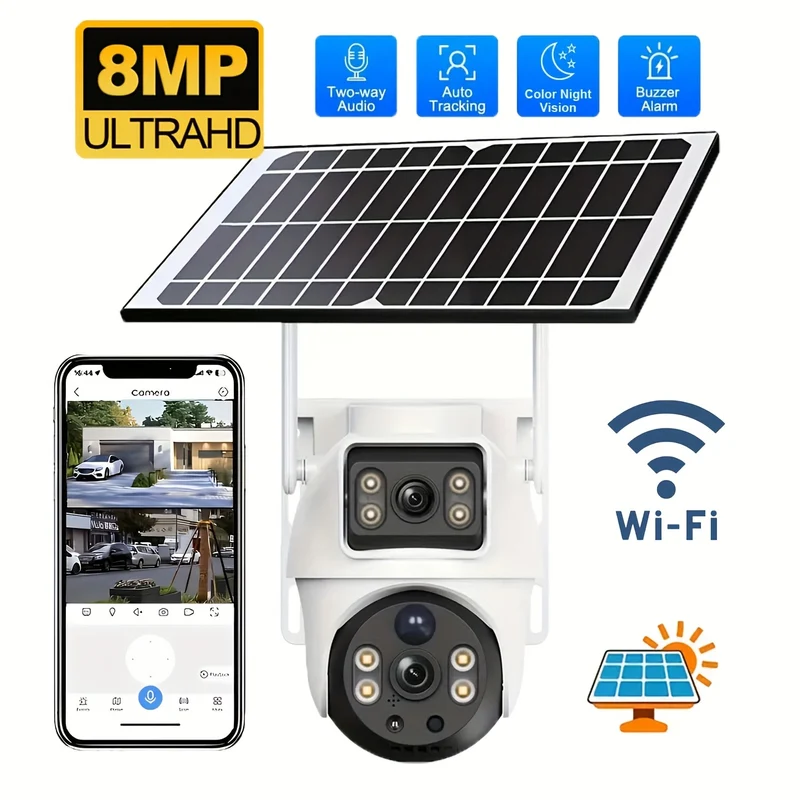 Caméra Solaire 8MP Double Objectif 360° avec Vision Nocturne