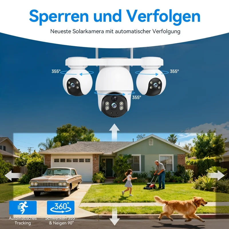 Caméra Solaire WiFi 4 Objectifs Rotation 360°