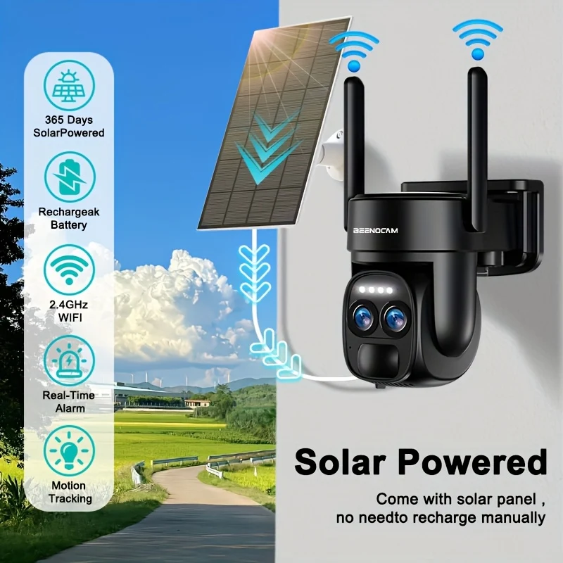 Caméra Sécurité Solaire WiFi 2K Avec Zoom 10X & Vision Nocturne