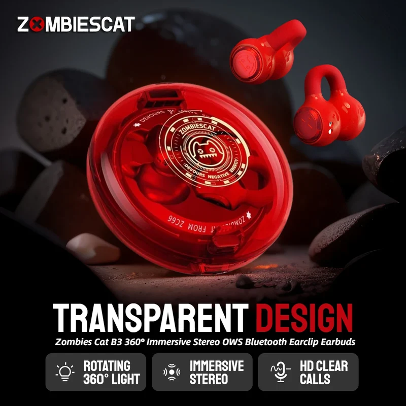 Écouteurs OWS Zombies Cat B3 - Boîtier Transparent RGB Bluetooth 5.3 Hi-Fi ENC Mode Gaming