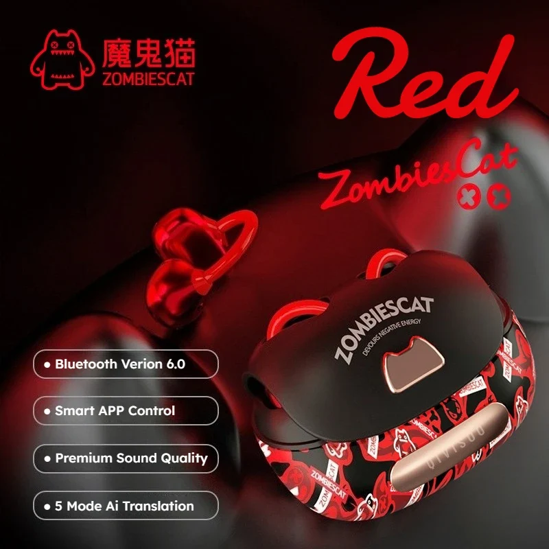 Écouteurs OWS Zombies Cat B23 Stella Cista - Clip Oreille Bluetooth 6.0 Hi-Fi Graffiti Traducteur IA 30h