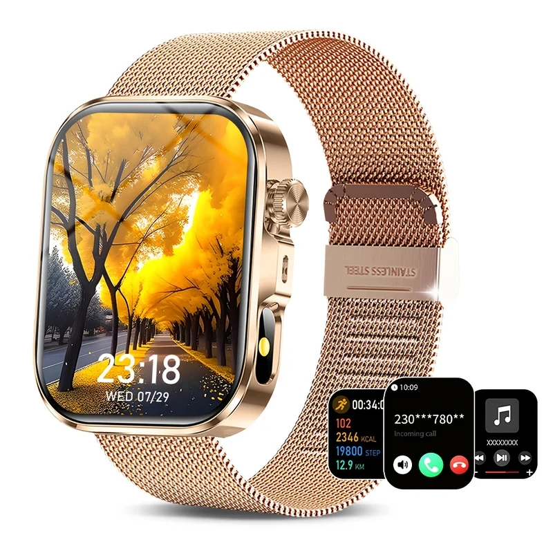Montre Connectee Unisexe AZRTL Alliage Zinc Bracelet Acier Inoxydable Ecran TFT Tactile 2.01 Appels Sport Lampe Poche Camera Distance USB - 7 Coloris