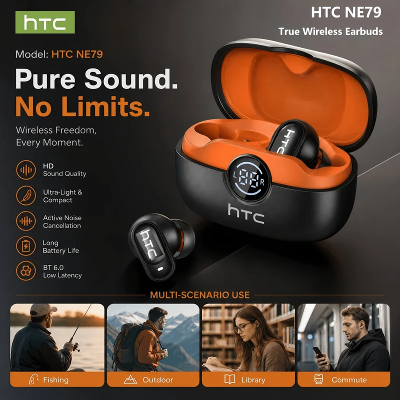 Ecouteurs TWS HTC NE79 MINI Intra-Auriculaires Reduction Bruit Micro Condensateur Color Block Gaming Sport Batterie 180mAh USB-C Etui Charge - 3 Coloris