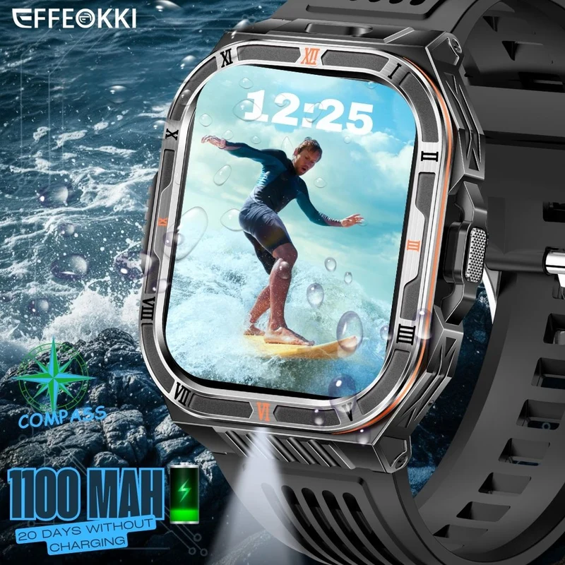Montre Connectee Robuste Homme Batterie 1100mAh - Ecran IPS 2.01 Pouces, IP68, Boussole, Appel Sans Fil
