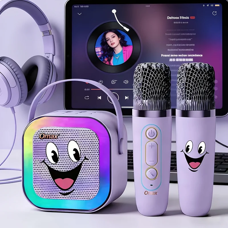 Omax K12 Haut-Parleur Karaoke Portable 2 Microphones Sans Fil LED Coloree Batterie Rechargeable USB-C 5W - Violet Noir Rose Bleu Beige