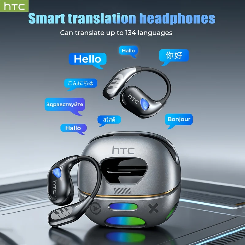 Ecouteurs Sans Fil HTC NE69 - Traduction IA 134 Langues, Oreille Ouverte, USB-C