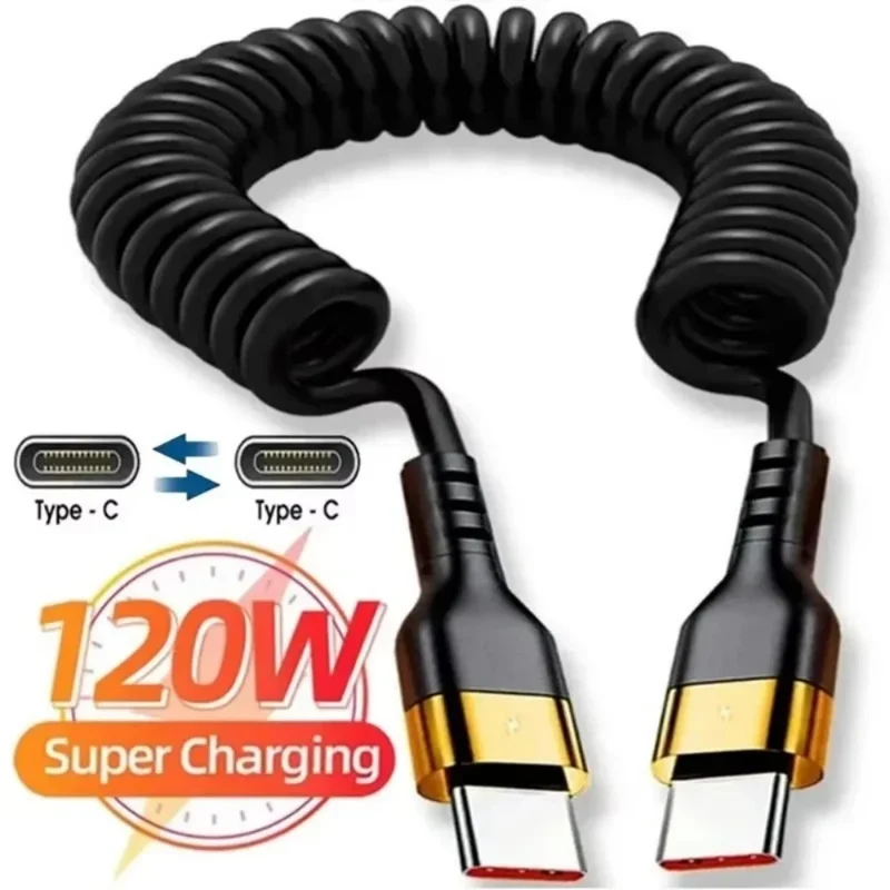Câble USB-C 120W 5A PD à Ressort Rétractable 1,8m Noir Doré