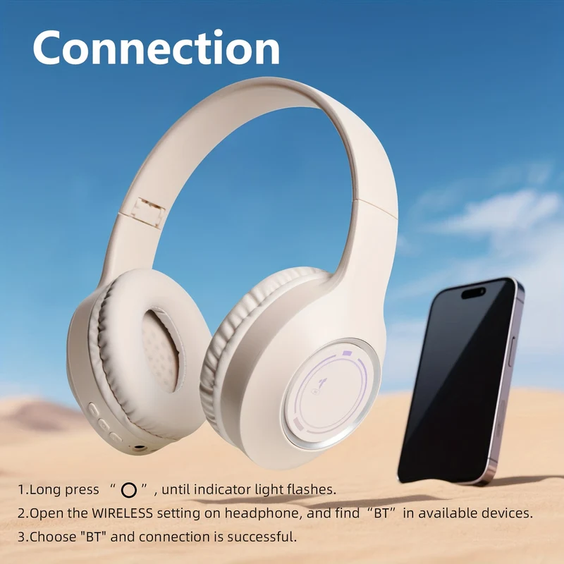 Casque Sans Fil Pliable Supra-Auriculaire Thème Anime Noir & Beige