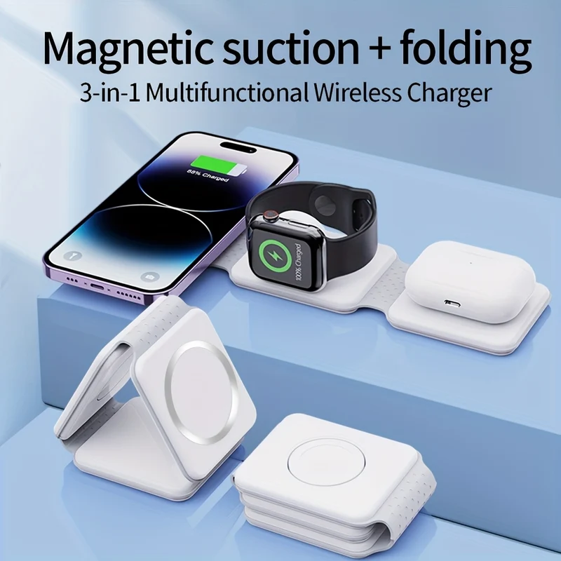 Chargeur Magnétique Compact Et Rapide 3 En 1 Blanc