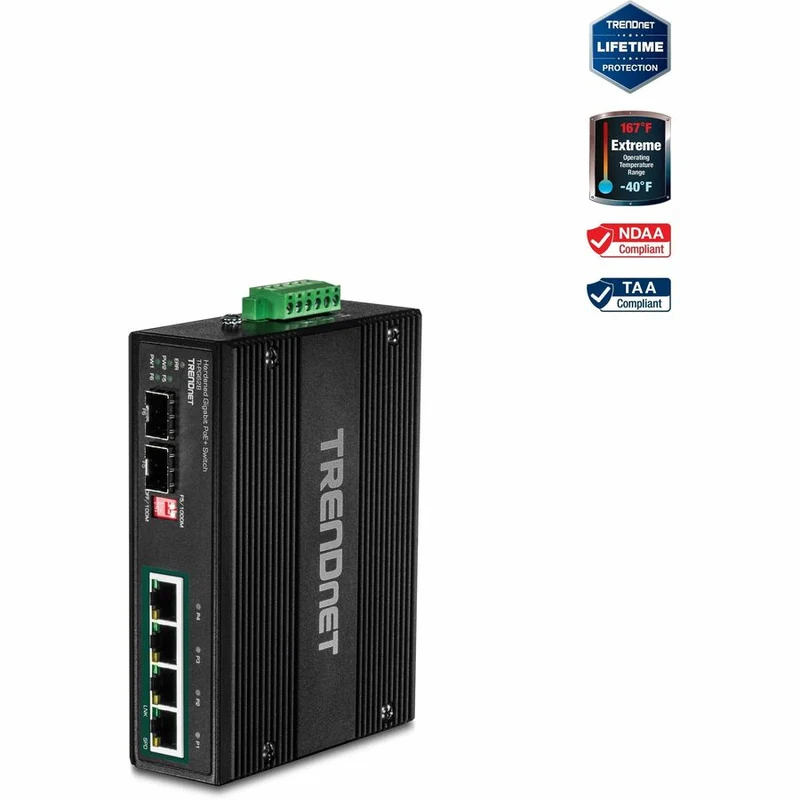 Commutateur sur rail DIN Gigabit PoE+ industriel à 6 ports TRENDnet ; 12-56 V ; Relais d'alarme ; 2 emplacements SFP dédiés ; Boîtier classé IP30 ; Protection à vie ; TI-PG62B TI-PG62B