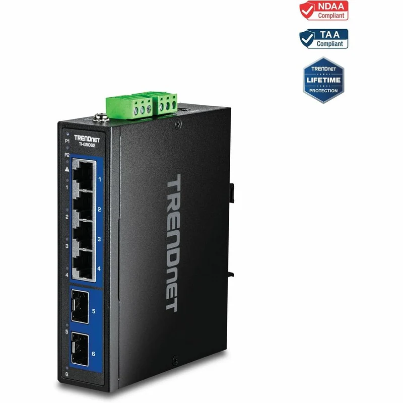 Commutateur industriel à rail DIN 6G à 2.5 ports TRENDnet avec ports SFP+ 10G TI-G5062