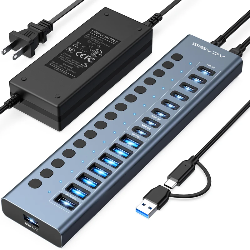 Acasis 16-Port Fast Charging USB 3.2 Hub with 8 USB-A + 8 USB-C Ports
