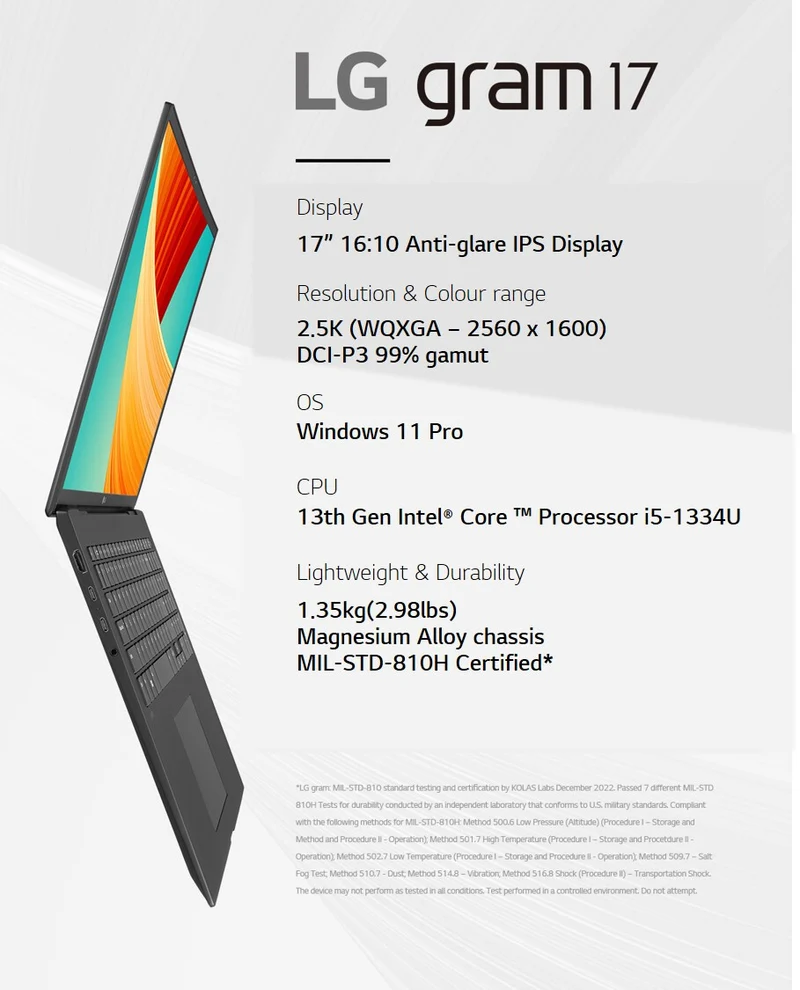LG Gram 17Z90RU-G.AA58A1 laptop Intel® Core™ i5 i5-1334U 43.2 cm (17") 2.5K 16 GB LPDDR4x-SDRAM 1 TB SSD Wi-Fi 6E (802.11ax) Windows 11 Home Black QWERTY