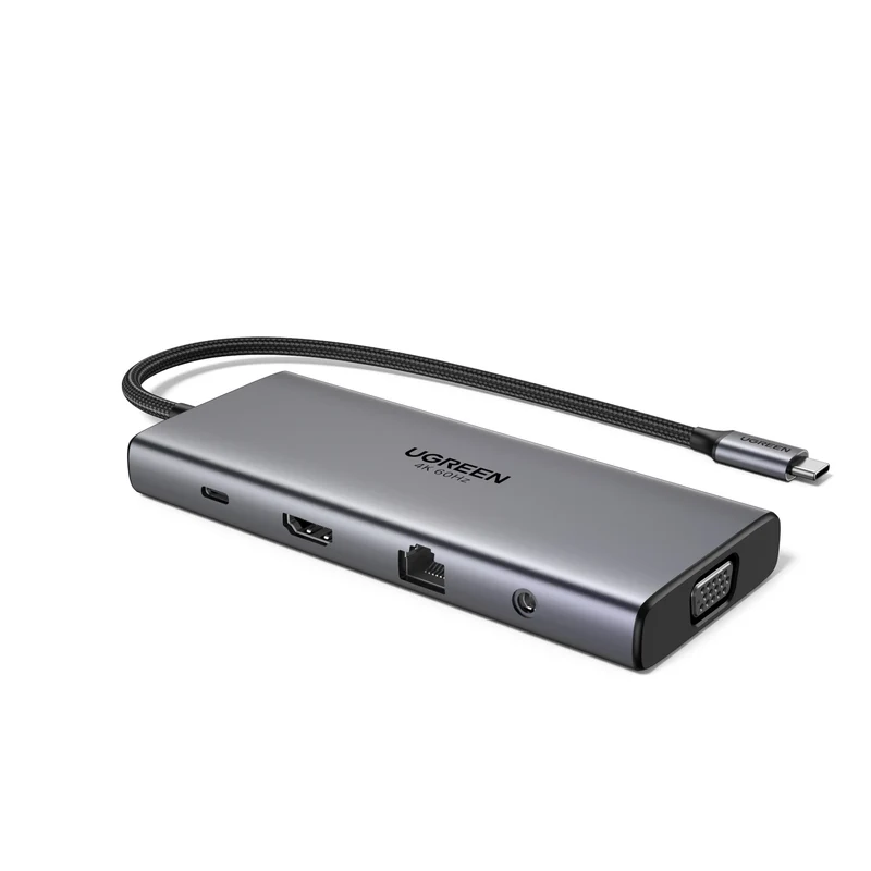 Ugreen 11-in-1 USB-C Hub to 3x USB-C/2x USB-A/HDMI/VGA/RJ45/SD/TF/3.5mm - Gray Docking Dock Grey