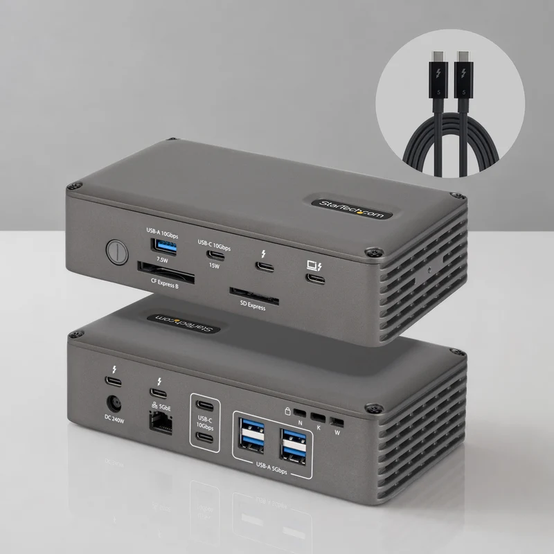 StarTech.com Thunderbolt 5 Dock with NVMe Slot for Mac and Windows, Up to Dual 8K 60Hz or Triple 4K 144Hz, 140W Laptop Charging, 5GbE, 120Gbps Bandwidth Boost
