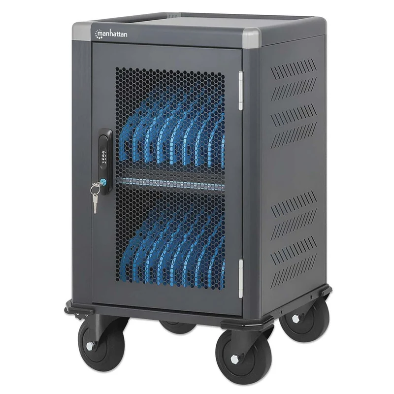 Manhattan iPad to 13", MacBook Air to 13" & Chromebook 14" 20-bay Charging Trolley/Cart via USB-C (30W), Also other tablets/smartphones (with device to USB-C cable), Bays 330x25x235mm, USB-C charging cables included, Cabinet