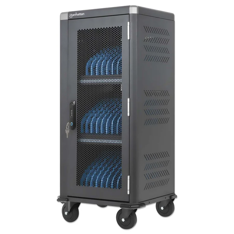 Manhattan iPad to 13", MacBook Air to 13" & Chromebook 14" 30-bay Charging Trolley/Cart via USB-C (30W), Also other tablets/smartphones (with device to USB-C cable), Bays 404x27.6x283mm, USB-C charging cables included, Cabinet