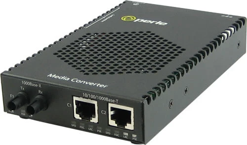 Perle S-1110DPP-S2ST70 - 10/100/1000 Gigabit Ethernet Stand-Alone Media Rate Converter w/ PoE+ PSE. Dual 10/100/1000Base-T (RJ-45) [100 m/328 ft.] to 1000Base-ZX 1550 nm single mode (ST) [70 km/43.5 miles], w/ AC Adapter