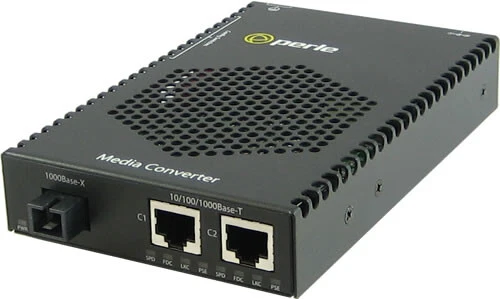 Perle S-1110DP-S1SC10D - 10/100/1000 Gigabit Ethernet Stand-Alone Media Rate Converter w/ PoE PSE. Dual 10/100/1000Base-T (RJ-45) [100 m/328 ft.] to 1000Base-BX 1490nm TX / 1310nm RX single strand fiber, single mode (SC) [10 km/6.2 miles], w/ AC Adapter