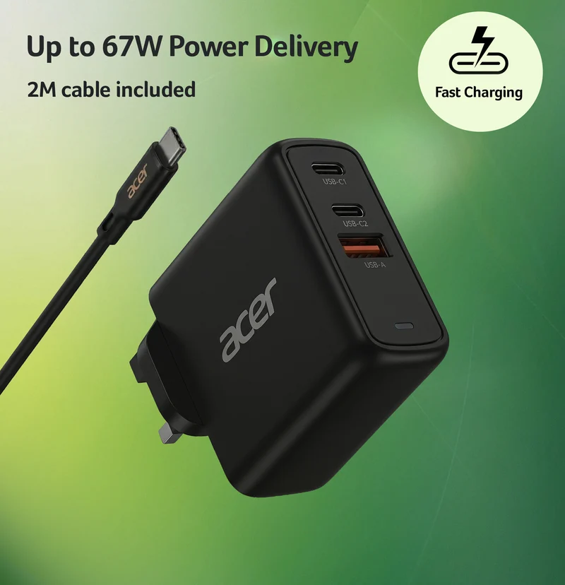 Acer 67W PD Charger, USB Port: 2C+1A, UK Plug, 100W USB-C Cable, Black