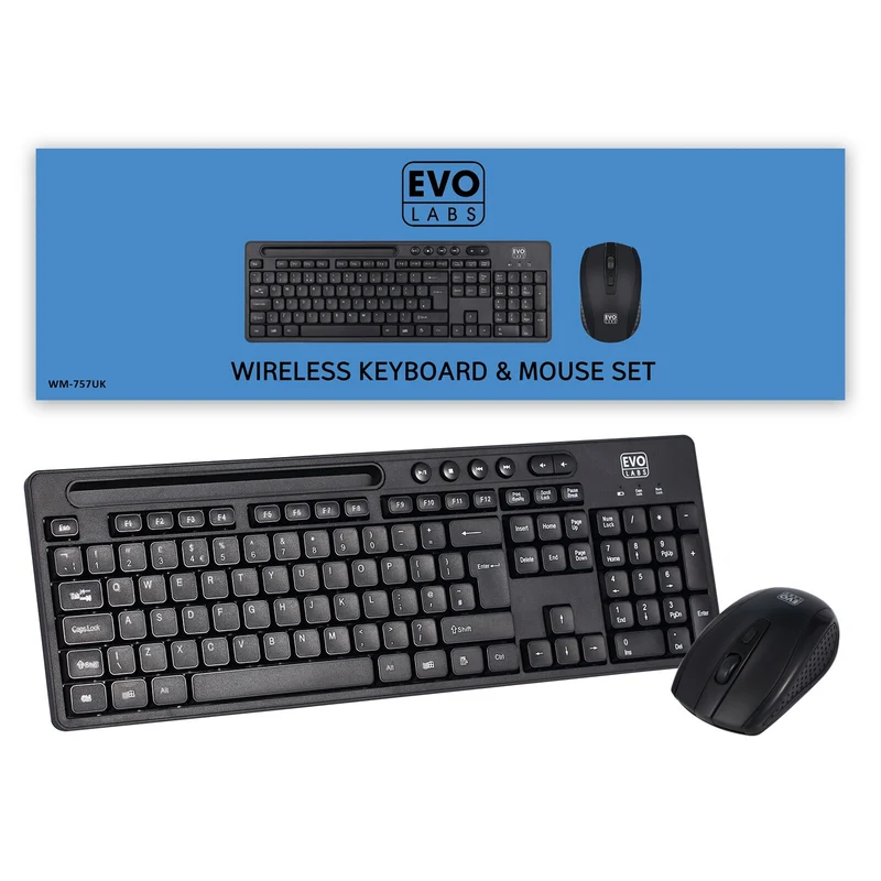 Evo Labs WM-757UK Wireless and Mouse Combo Set, 2.4GHz Full Size Qwerty UK Layout with Wireless Mouse, Ideal for Home or Office, Black keyboard Mouse included Home/Office UK International