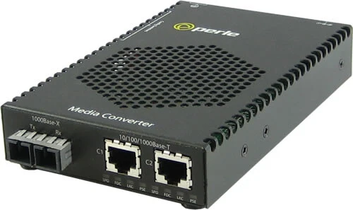 Perle S-1110DP-S2SC10 - 10/100/1000 Gigabit Ethernet Stand-Alone Media Rate Converter w/ PoE PSE. Dual 10/100/1000Base-T (RJ-45) [100 m/328 ft.] to 1000Base-LX/LH 1310 nm single mode (SC) [10 km/6.2 miles] or multimode (SC) [550 m/1804 ft.], w/ AC Adapter