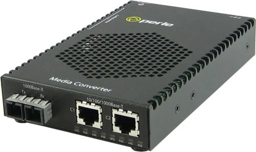 Perle S-1110DP-M2SC05 - 10/100/1000 Gigabit Ethernet Stand-Alone Media Rate Converter w/ PoE PSE. Dual 10/100/1000Base-T (RJ-45) [100 m/328 ft.] to 1000Base-SX 850nm multimode (SC) [550 m/1804 ft.], w/ AC Adapter