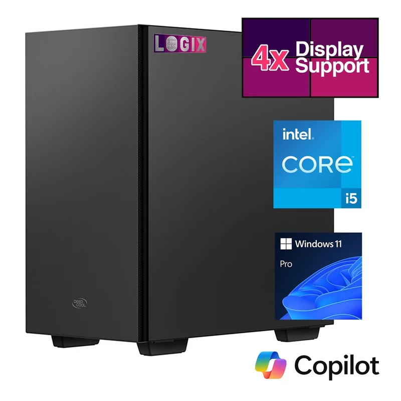 LOGIX Micro Tower - Designed for CCTV Use - Intel i5 Processor, 16GB Kingston Memory, 500GB Kingston SSD, Output to 4 Monitors, with Dual LAN, Windows 11 Pro Intel® Core™ i5 DDR5-SDRAM Black