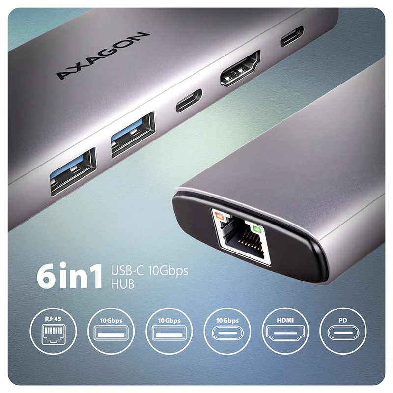 Axagon HMC-6G2L USB 10Gbps hub, 2x USB-A, 1x USB-C, HDMI 4k/60Hz, RJ-45, PD 100W