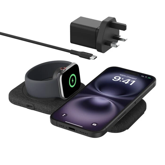 Belkin WIZ026MYBK mobile device charger Smartwatch, Smartphone, Headset Black USB Wireless charging Fast charging Indoor