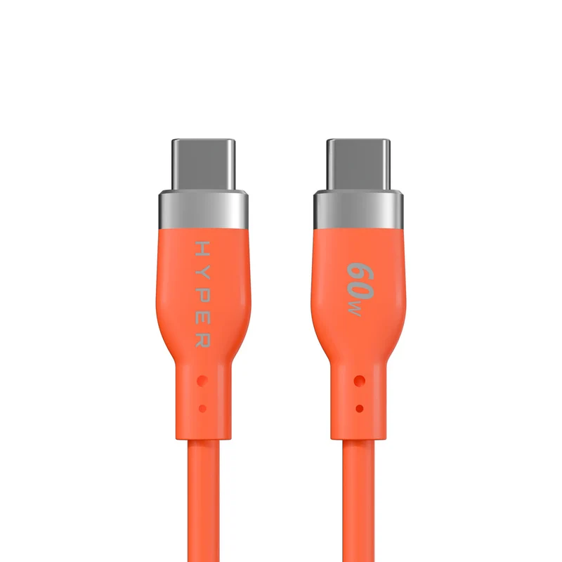 Câble de recharge HyperJuice Flex USB-C vers USB-C en silicone, 60 W (1,5 m / 5 pieds) - Orange