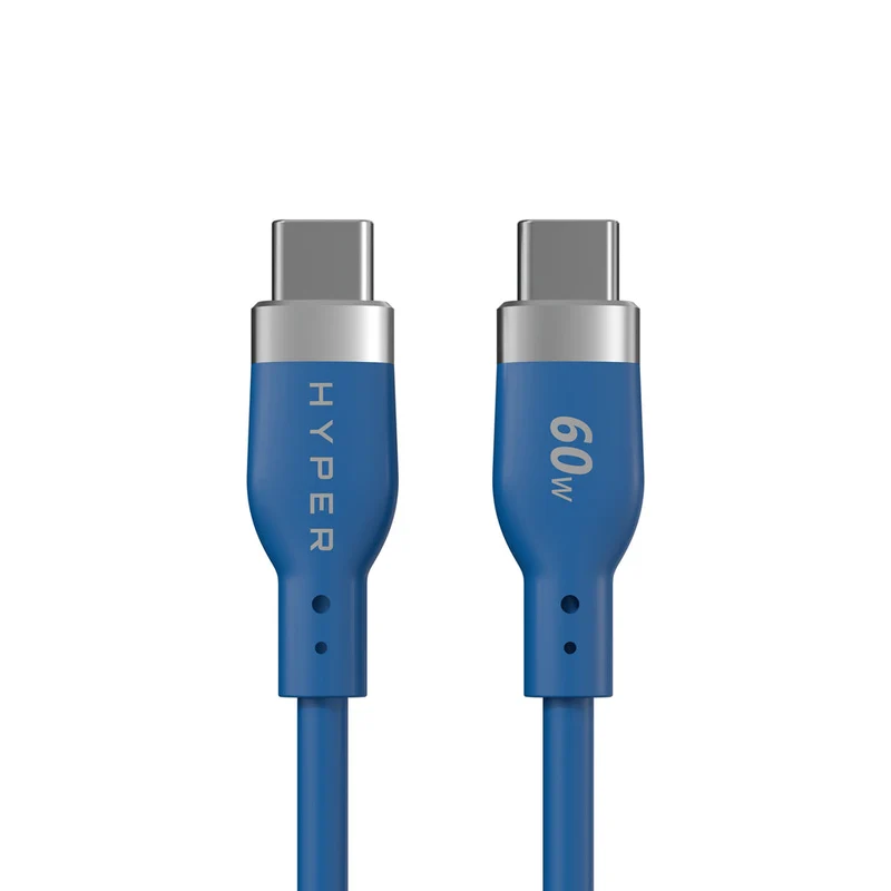 Câble de recharge HyperJuice Flex USB-C vers USB-C en silicone, 60 W (1,5 m / 5 pieds) - Bleu