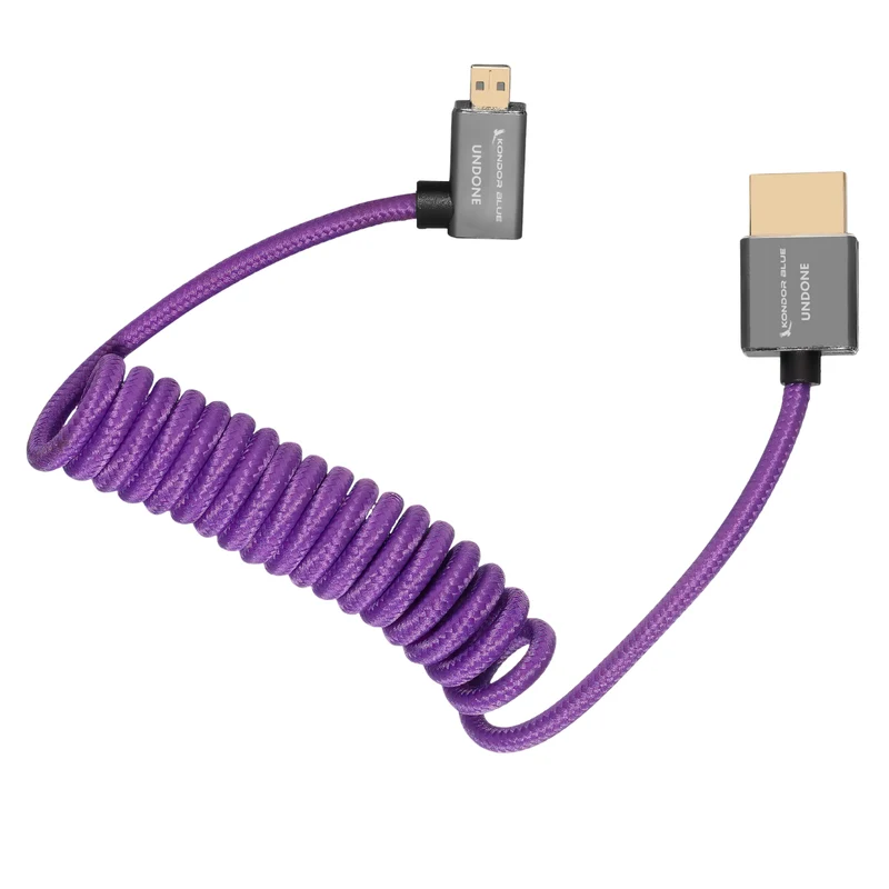 Kondor Blue Gerald Undone MK2 Full HDMI to Left Angle Micro HDMI Cable 12"-24" Coiled (Purple) (Left Angle (Sony/Fuji))