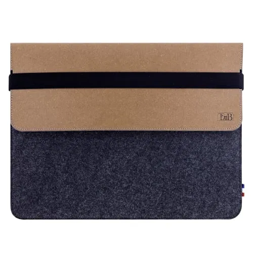 Pochette PC 13-14" française éco en cuir et feutrine - marron/gris