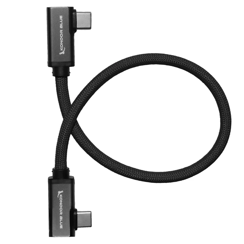 Kondor Blue Dual Right Angle 12" USB-C Braided Cable for 8K Data and Power Delivery (Raven Black)