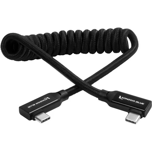 Kondor Blue USB C 3.1 Right Angle Braided Cable for 8K Data and Power Delivery (Raven Black)(Coiled)(12"-24")