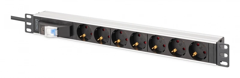 "Barre d'alimentation PDU Rack 19"" avec disjoncteur Type C 16A, 7 prises Schuko CEE 7/3 (45°), câble de 1,8 m, fiche Unischuko CEE 7/7, 16A, aluminium"