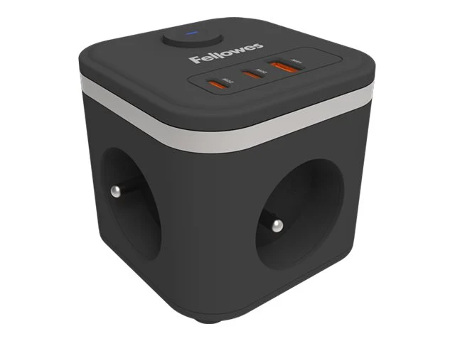 FELLOWES POWER CUBE TYPE E - NOIR MULTI PRISE Équipé de 3 x prises de courant 230v 1 x port USB-A 18W max et 2 x ports USB-C 20W max
