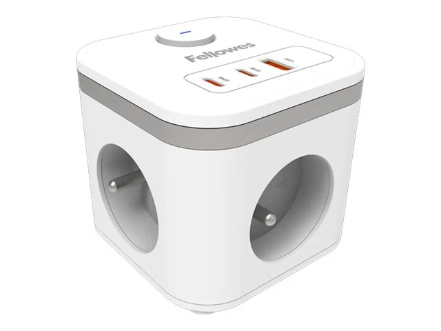 FELLOWES POWER CUBE TYPE E - BLANC MULTI PRISE Équipé de 3 x prises de courant 230v 1 x port USB-A 18W max et 2 x ports USB-C 20W