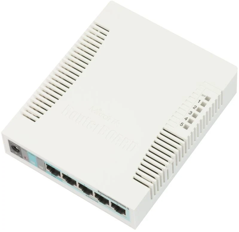 MikroTik RB260GS with 5 Gigabit ports and SFP cage, SwOS, plastic case, PSU