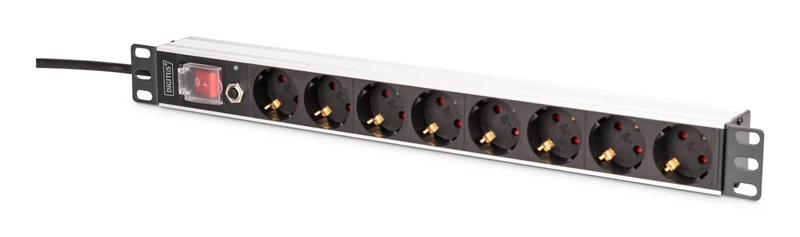 "Barre d'alimentation PDU Rack 19"" avec protection contre les surcharges, 8 prises Schuko CEE 7/3 (45°), câble de 2m, fiche Unischuko CEE 7/7, 16A, aluminium"