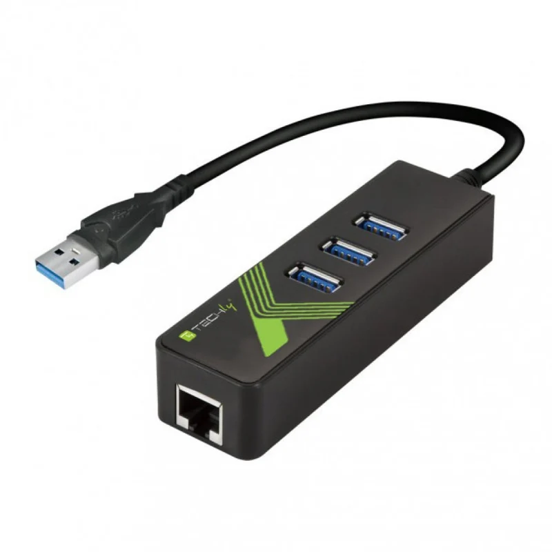 Techly IDATA USB-ETGIGA-3U2 Carte réseau/Adaptateur USB 3.0 vers RJ45 Gigabit, hub 3x USB 3.2